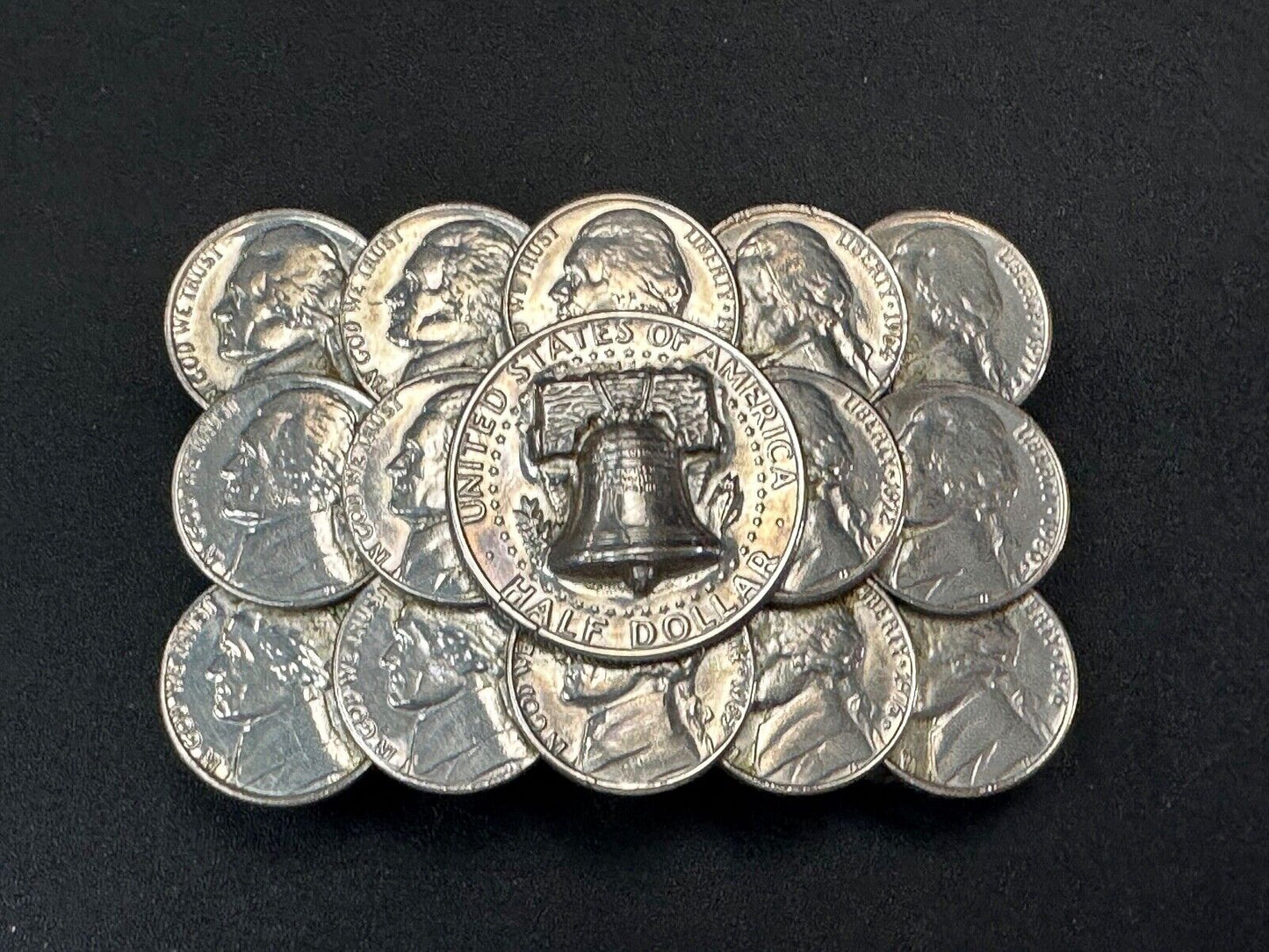 Artist Made Coin Cluster Liberty bell half dollar Nickels belt buckle