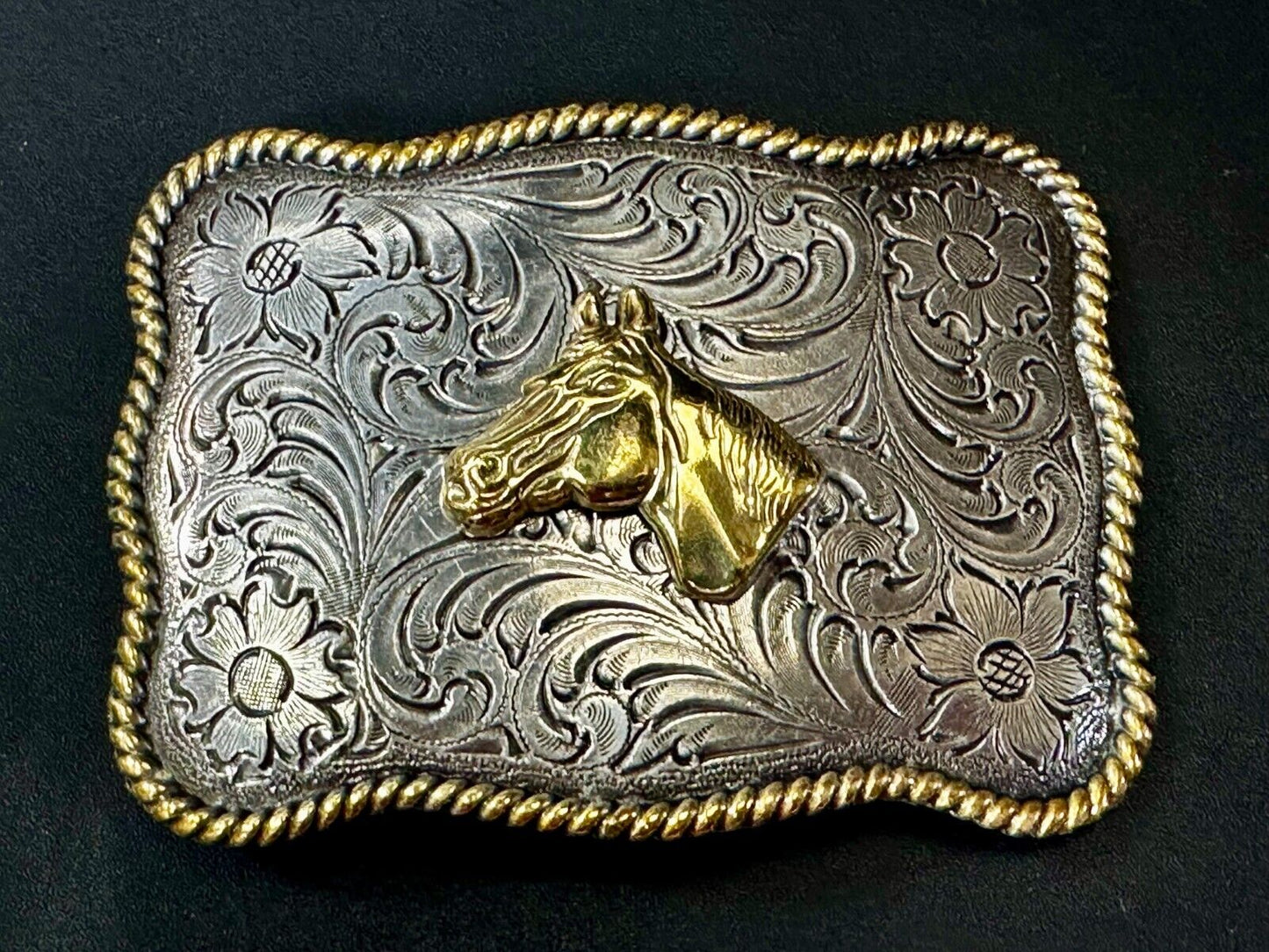 Beautiful Horse Head Centered Flower Swirl Two Tone Western Cowboy Belt Buckle