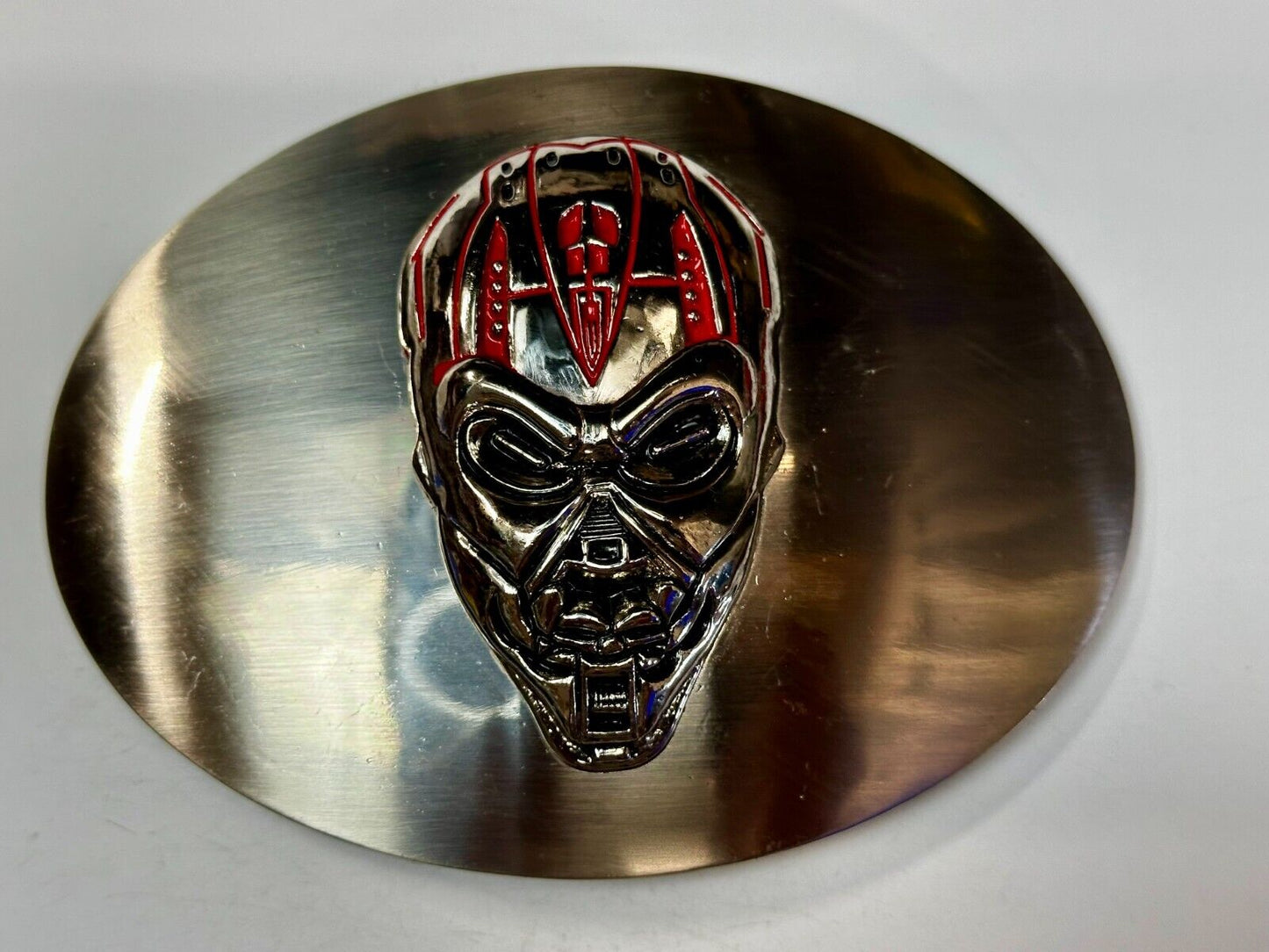 Terminator Skull Head Gothic Vibe Silver Tone Biker HUGE oval Belt Buckle