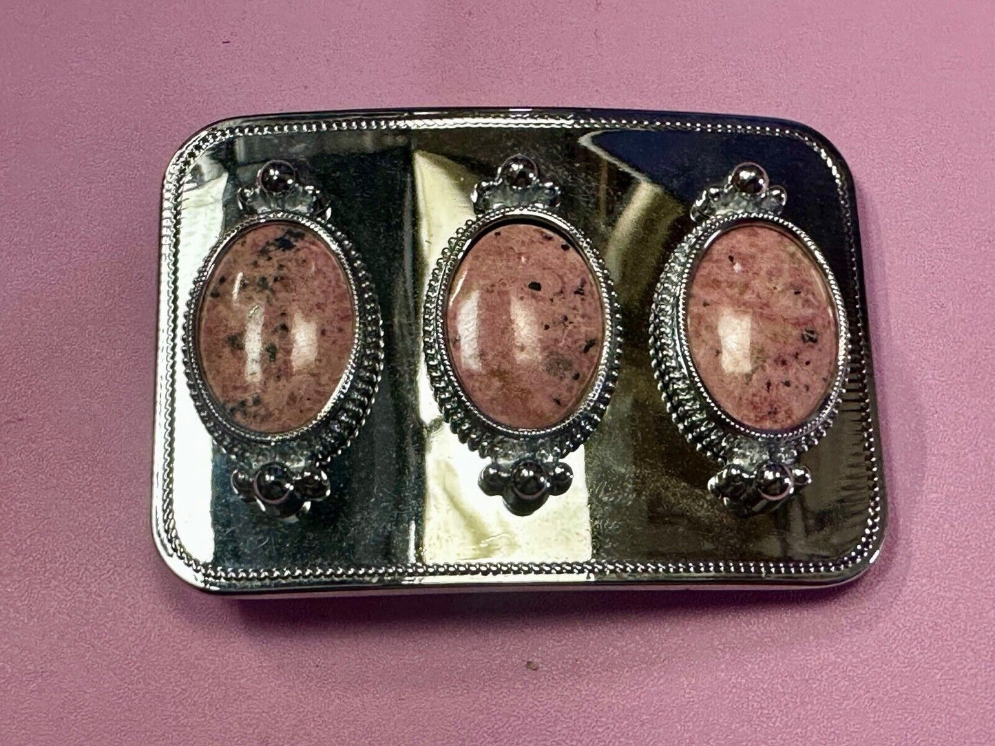 Three Piece Pink Cabochon Cab Stones on reflective silver color Belt Buckle
