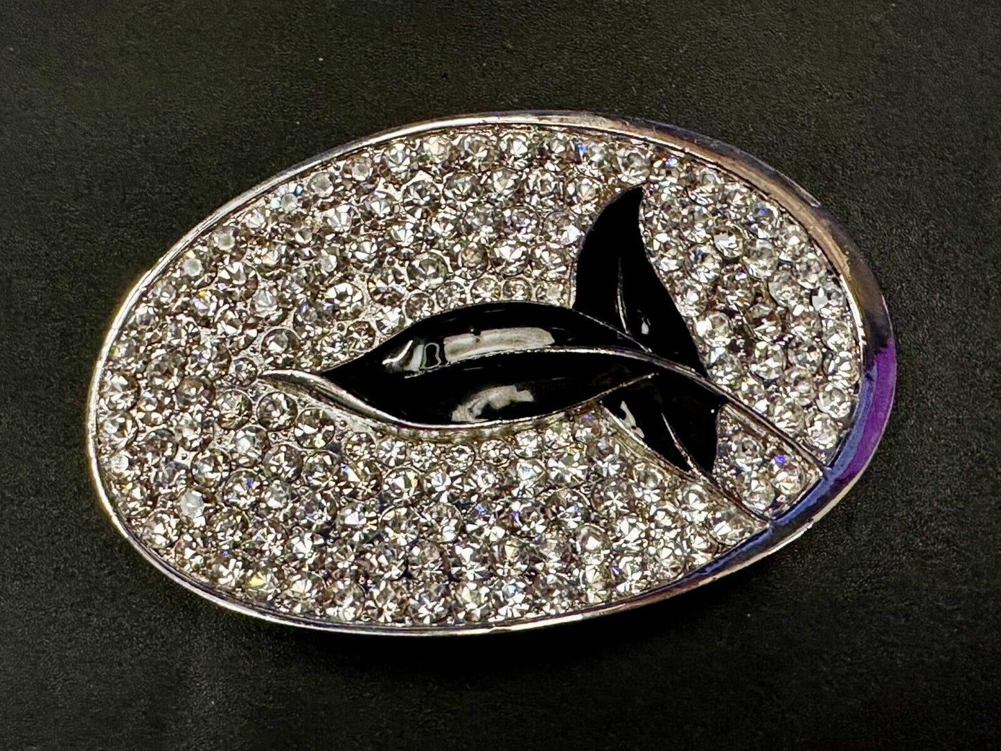 Black Leaf Design Silver Tone Clear Rhinestone Covered Oval Designer Belt Buckle