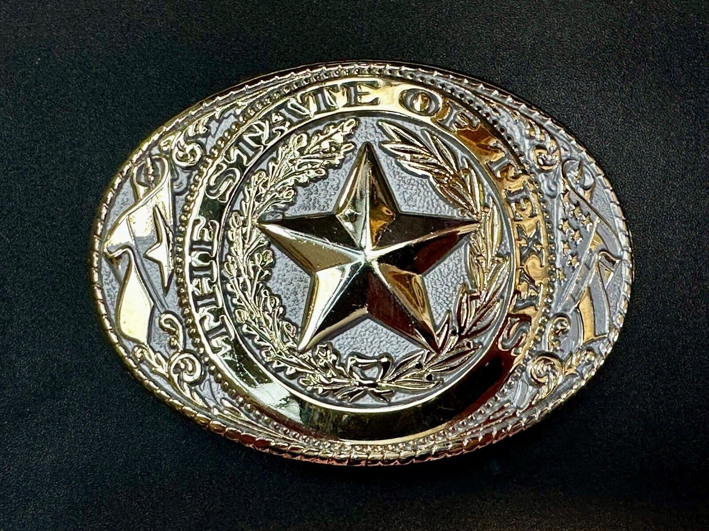 The Great State of Texas Star & Flag western Gold & White Color Belt Buckle