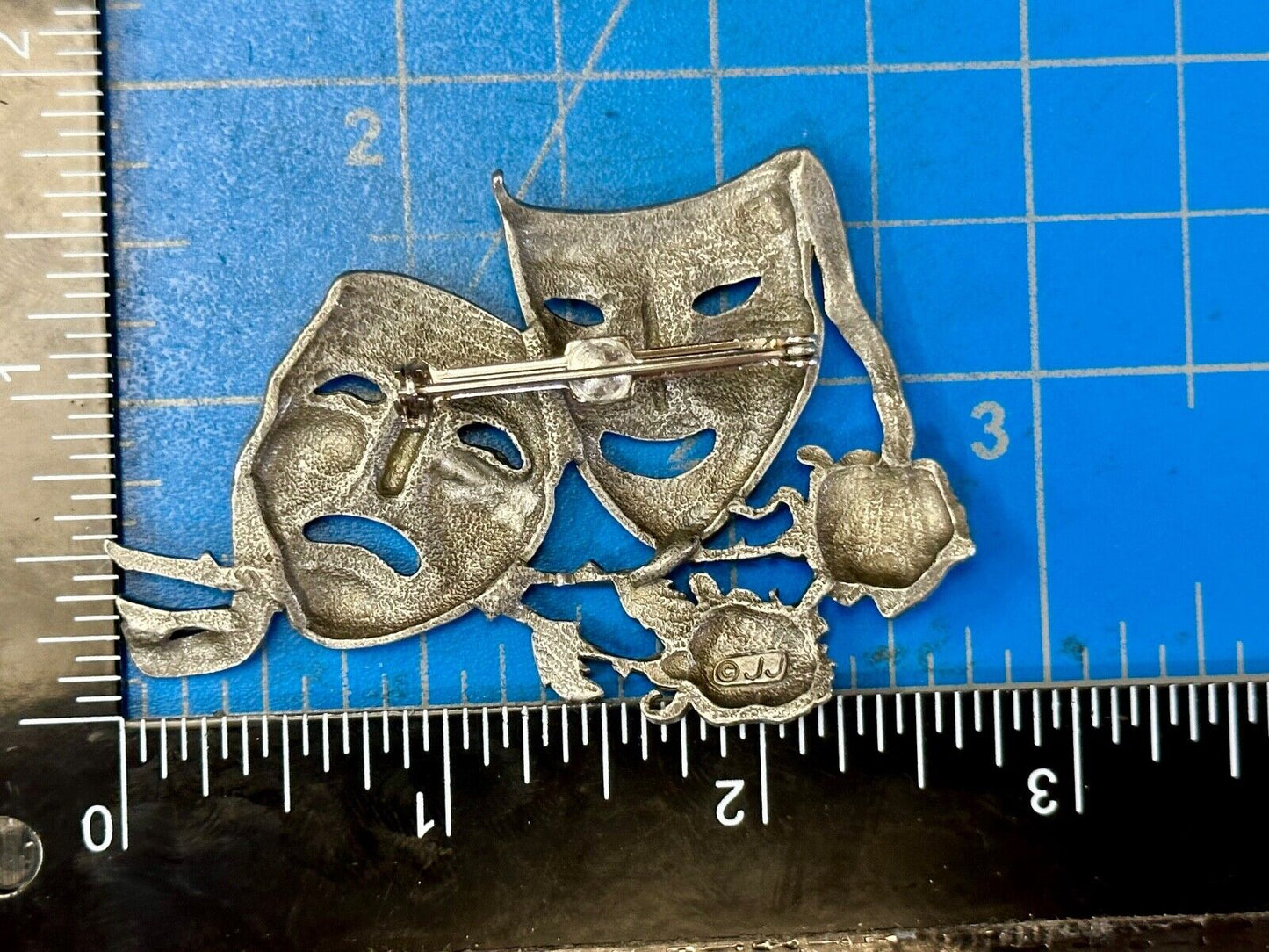 Theater Faces and Roses - Large JJ Signed silver tone vintage brooch pin