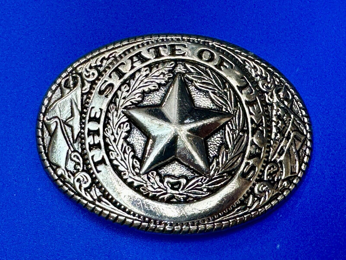The Great State of TEXAS Star Flag Olive Branch Gold Tone Oval Belt Buckle