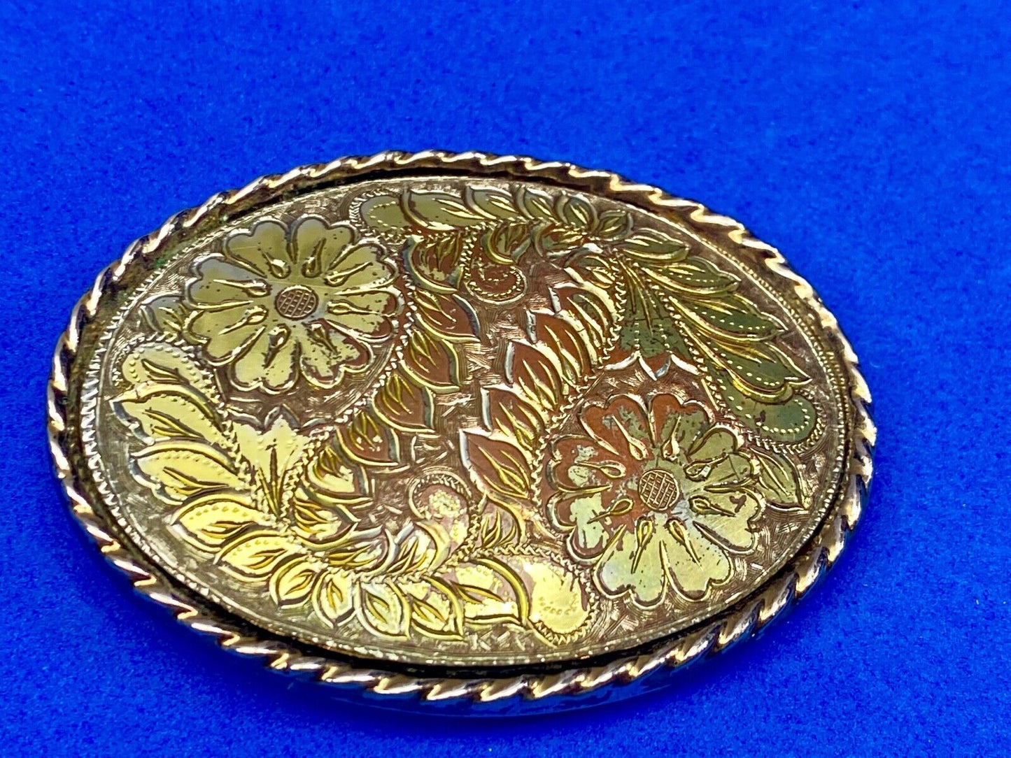 Vintage Etched? Mixed Metal Western flower oval belt buckle marked W