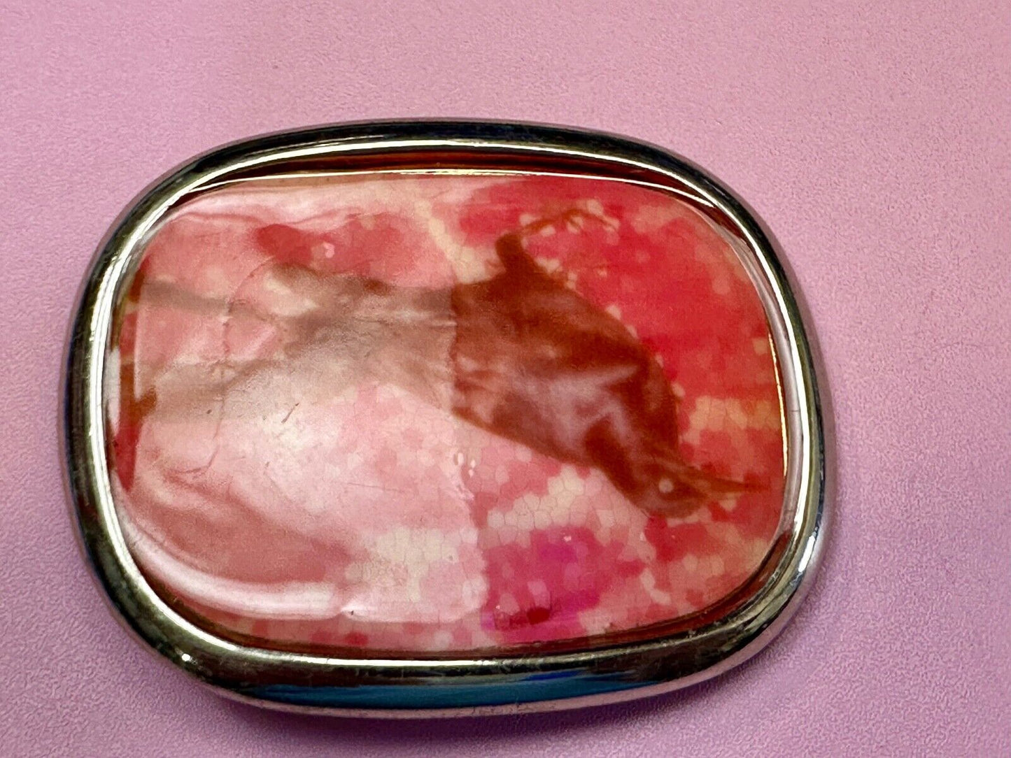 Abstract Dolphin Fish Pink & Red Colored Print on Silver Tone Belt Buckle