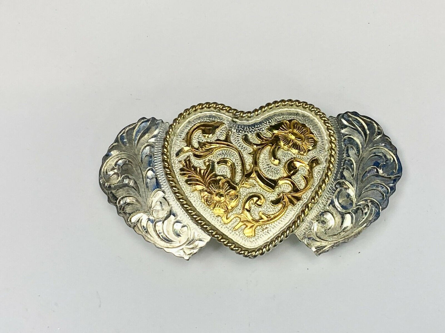 Three Hearts Flower Ornate Quality! Jg Hallmark Vintage Belt Buckle