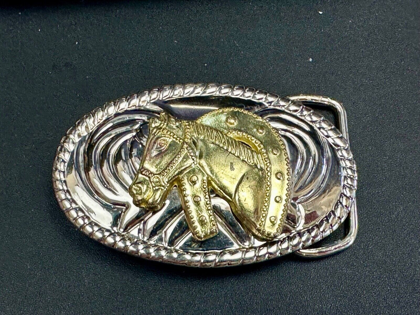 Beautiful NOS Horse head / lucky horseshoe - small two tone oval belt buckle