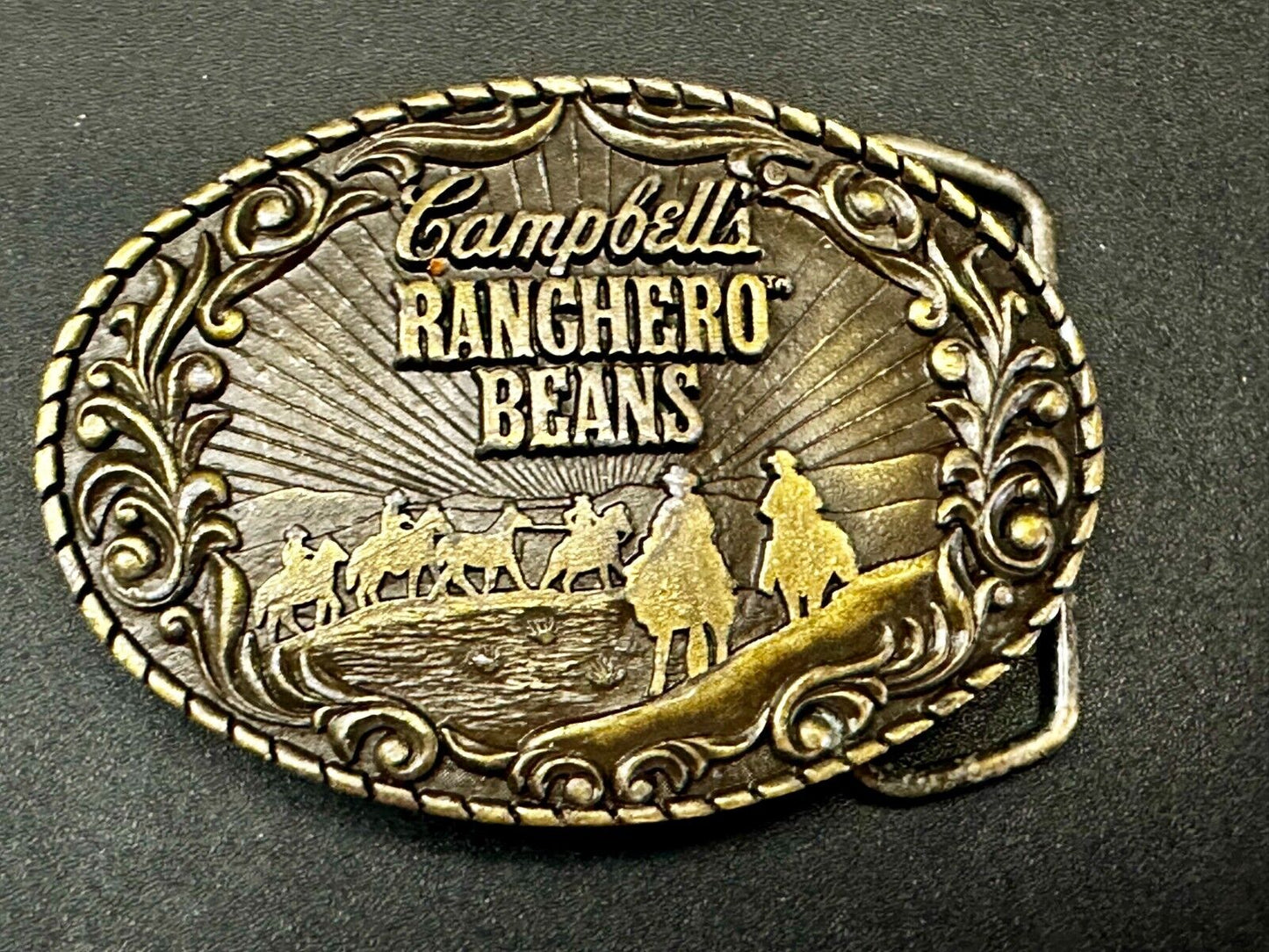 Vintage Campbells Soup Ranchero Beans Western Cowboy Chuck Wagon Belt Buckle