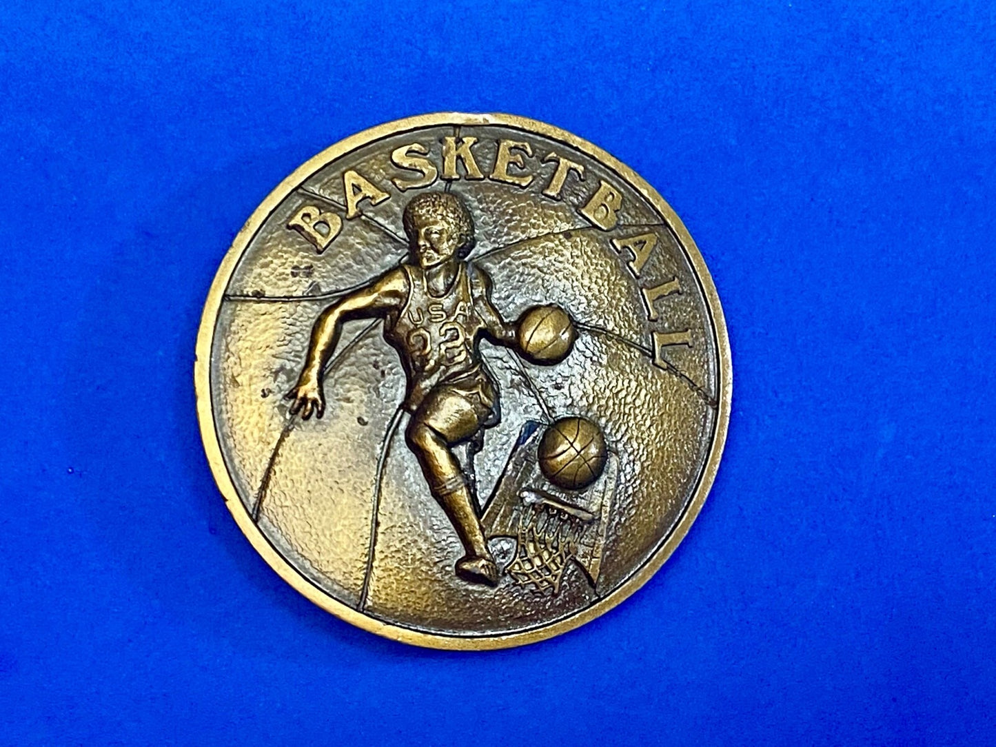 Vintage 1978 Retro Round Basketball Player Belt Buckle By Indiana Metal Craft
