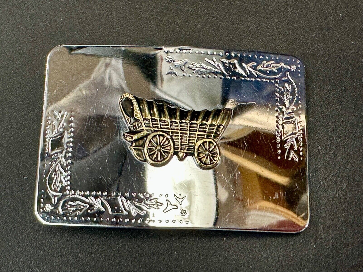 Vintage Covered Wagon two tone reflective rectangular belt buckle