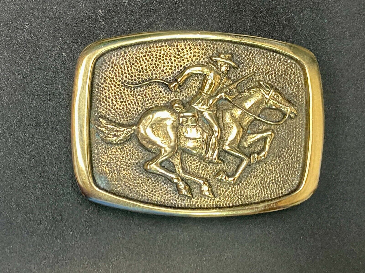 Vintage 1978 Horseback Rider Cowboy Bank Robber Solid Brass Belt Buckle By BTS