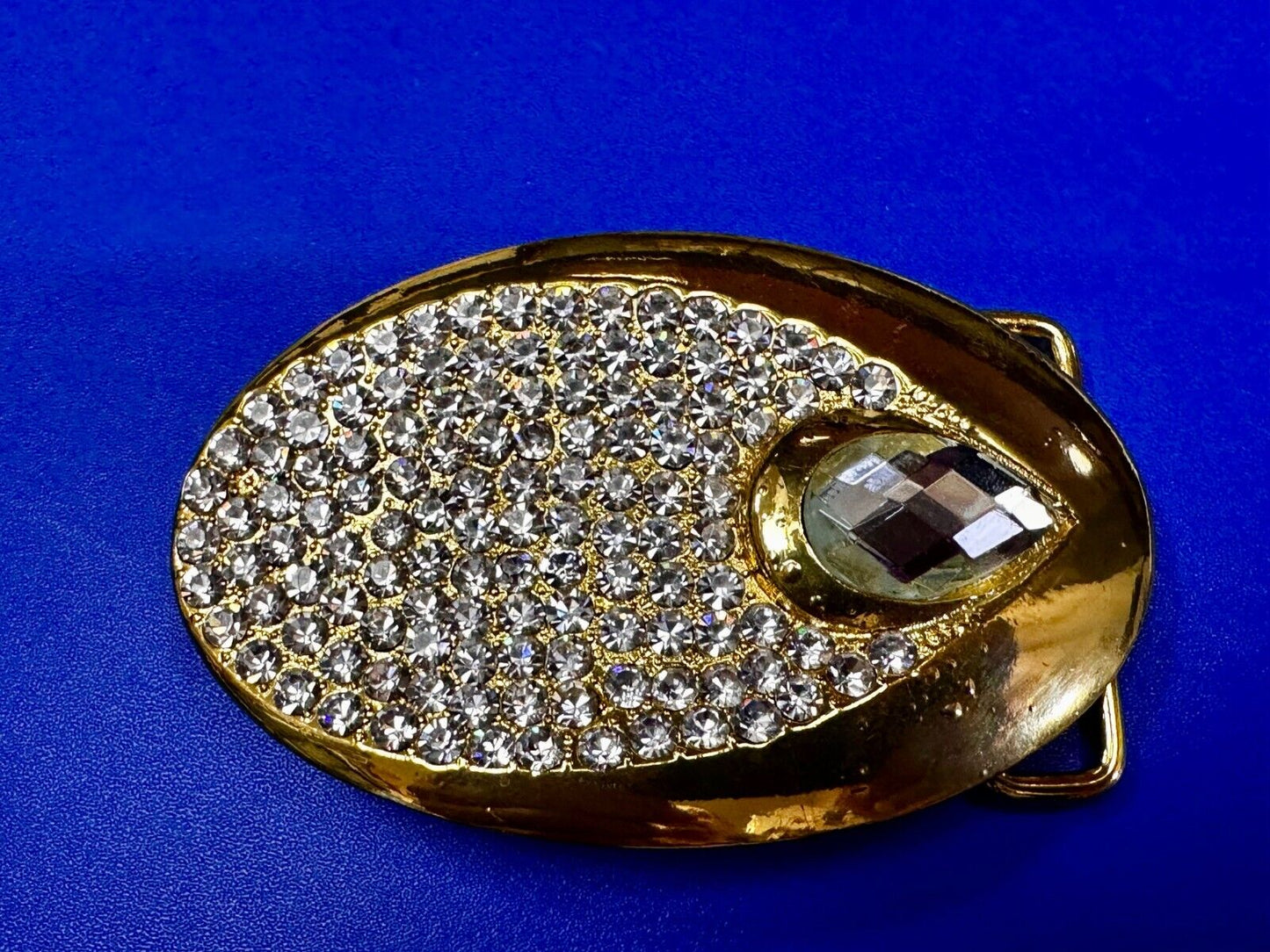 Beautiful Stylish Clear Rhinestone Covered Gold Tone Designer Oval Belt Buckle