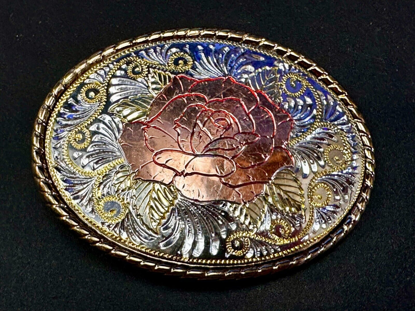 Beautiful Rose Small Etched Flower Swirl Design Vintage Belt Buckle W USA Made