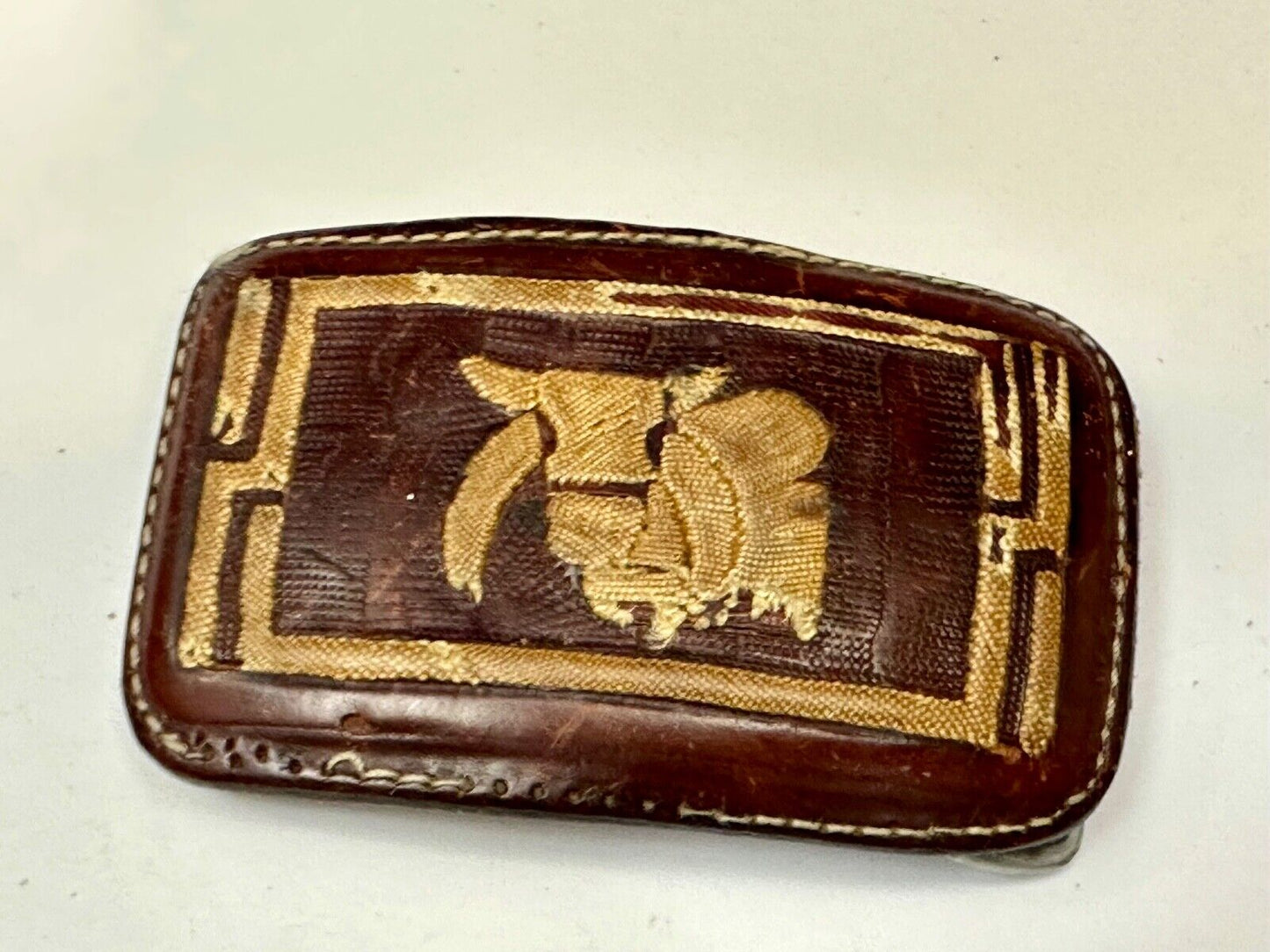 Unique Calf? Cow? Goat? Vintage brown leather stitched Belt Buckle
