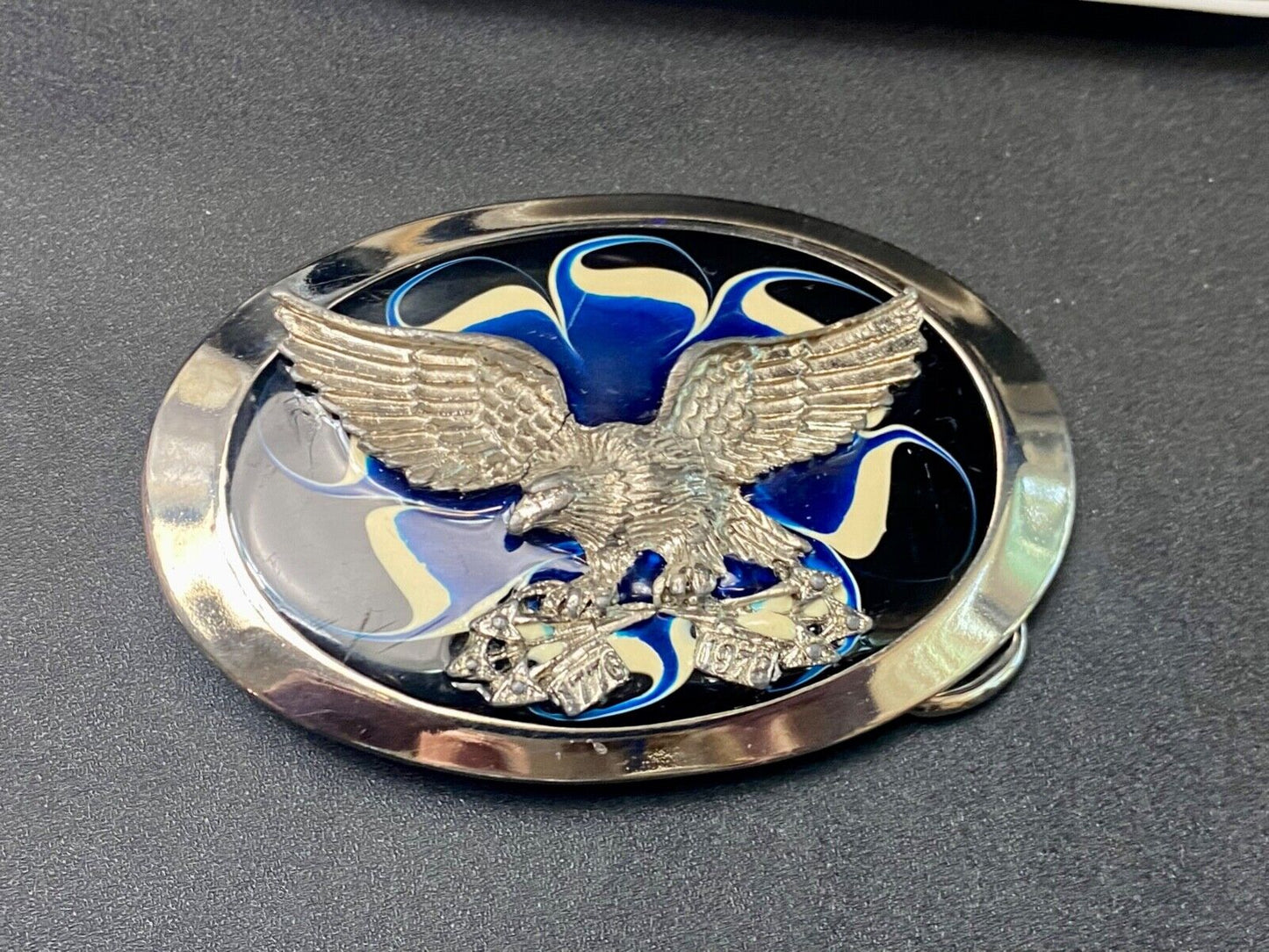 Vintage Eagle w/ arrows in claws western oval blue & cream enameled belt buckle