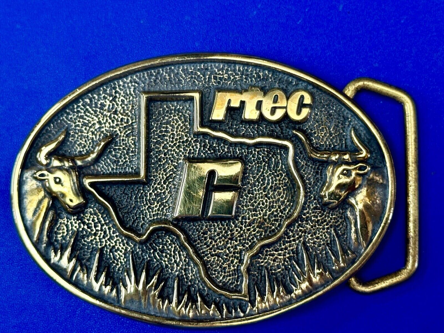 Texas RTEC Cattle Longhorn Cow Brass BTS Cowboy Western vintage belt buckle