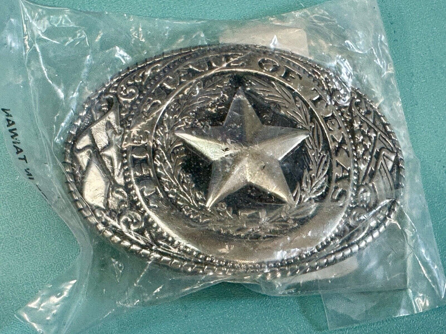 The Great State of Texas - Lone Star Flags seal silver tone NOS belt buckle