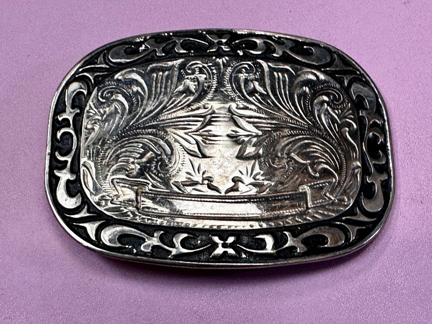 Vintage Blank Award Ribbon Scroll To Engrave Flower Swirl Design Belt Buckle