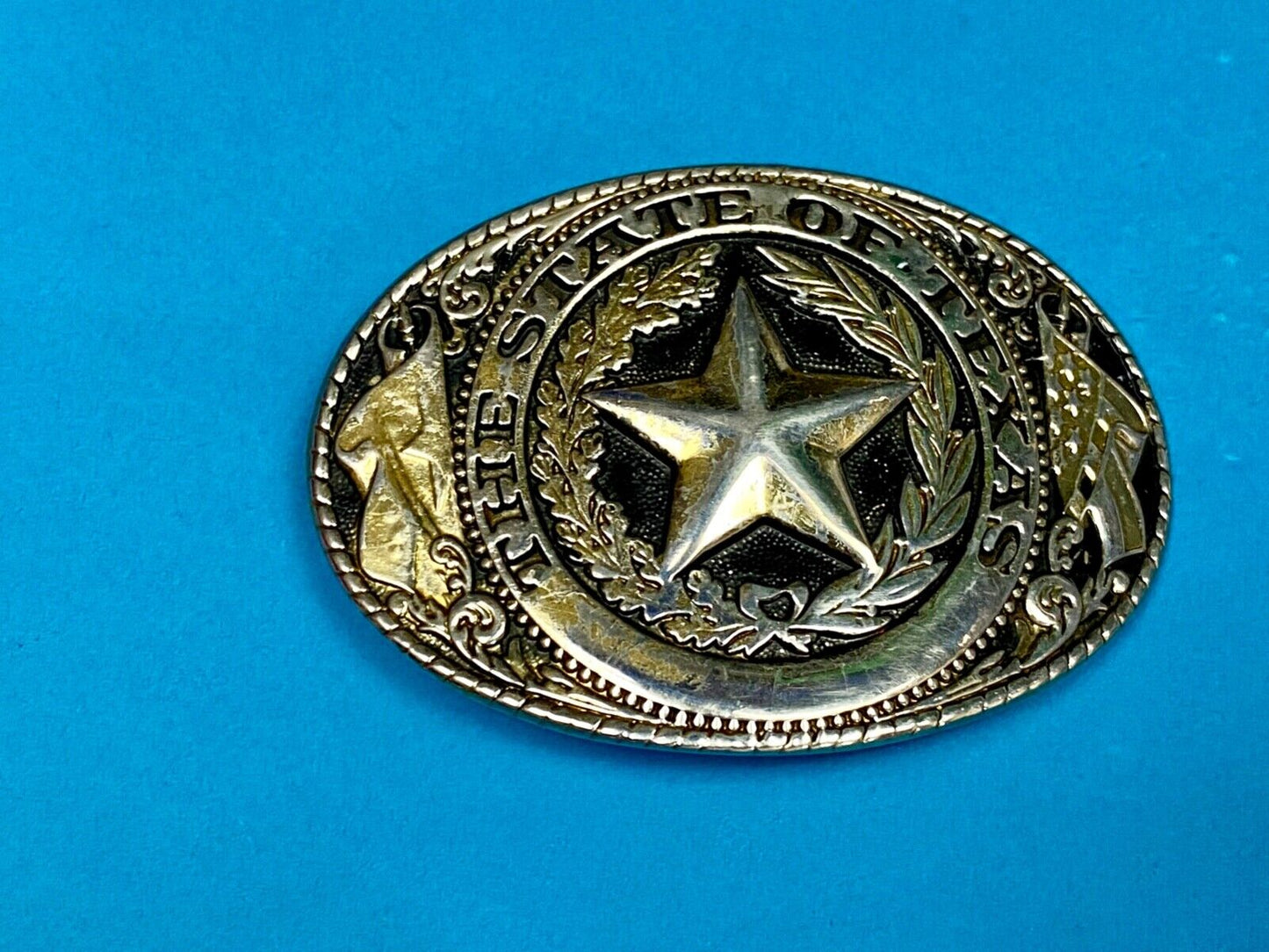 The Great State Of Texas Star & Olive Branch Western Oval Belt Buckle Stamped W
