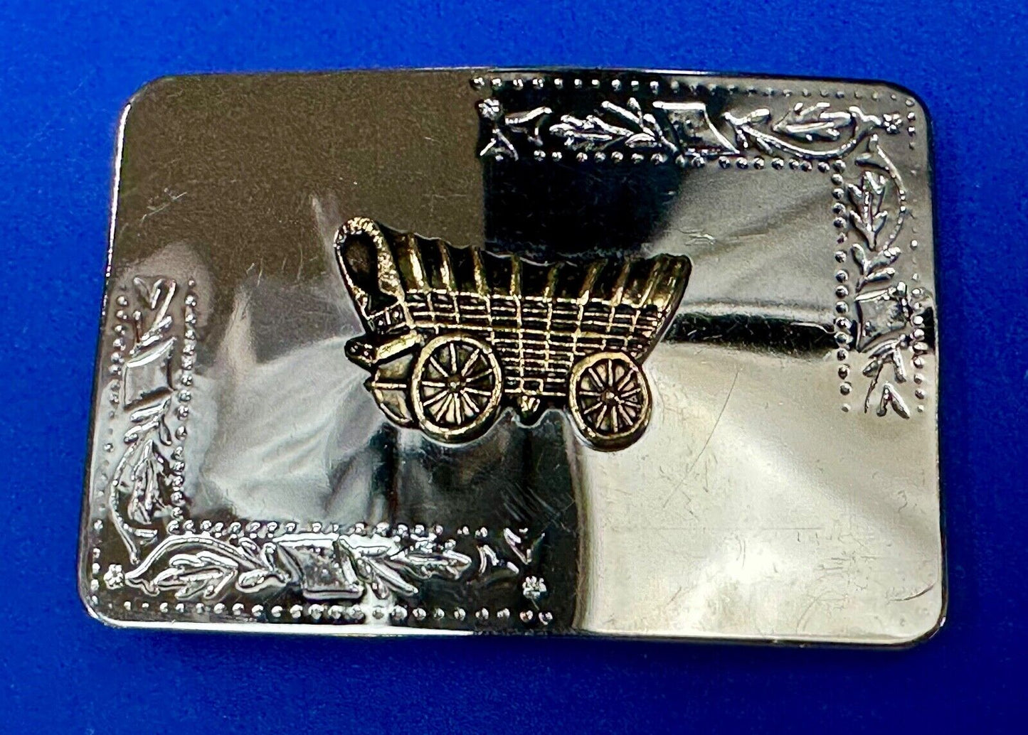 Vintage Covered Wagon two tone reflective rectangular belt buckle