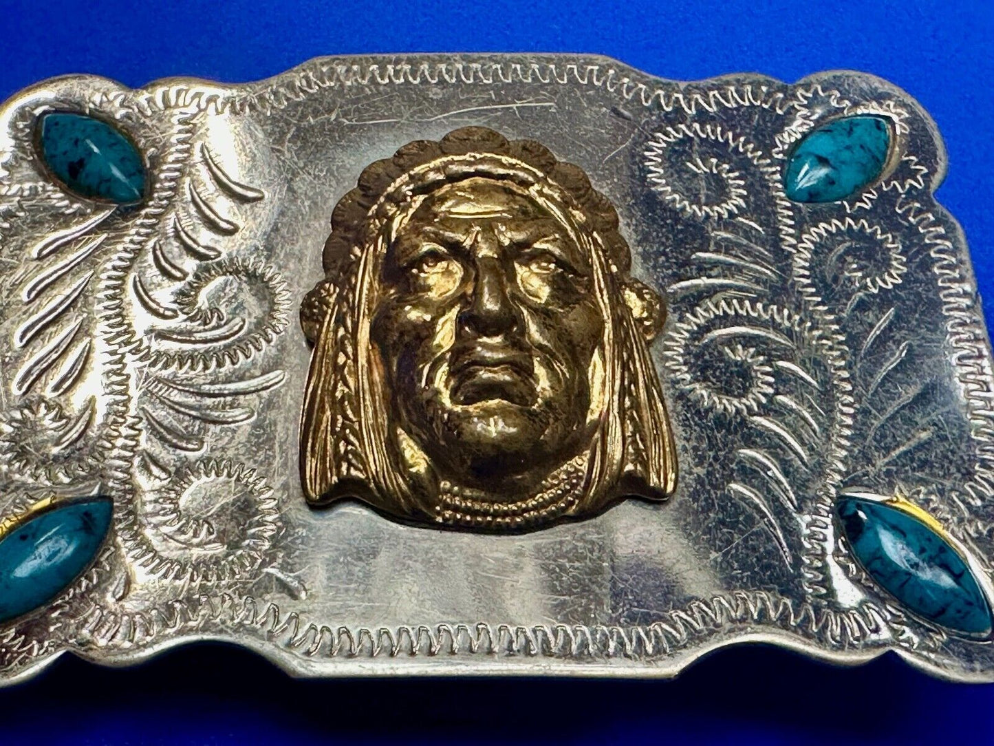 3D Native American Indian Chief & Turquoise stones Nickel Silver Vtg Belt Buckle