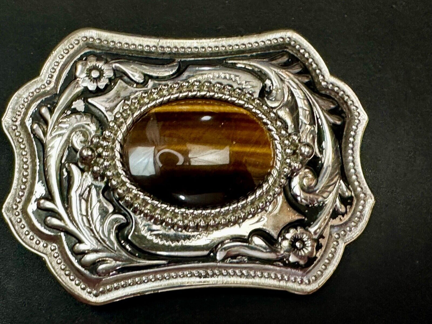 Tiger's Eye Vintage Horizontal Cabochon Cab Stone on Western Belt Buckle