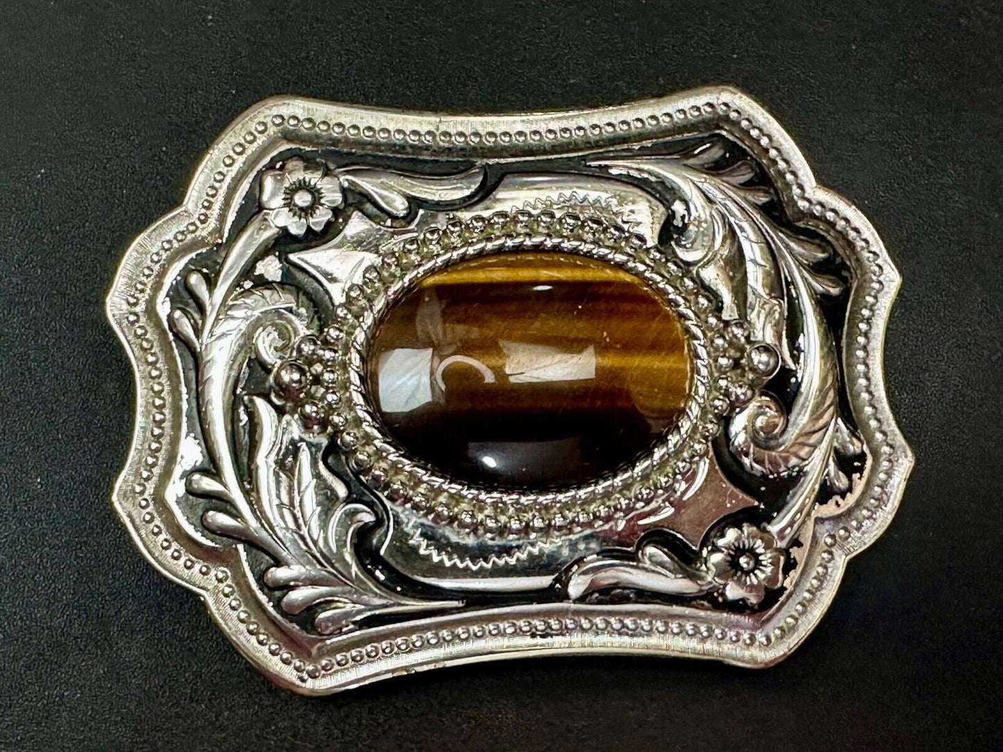 Tiger's Eye Vintage Horizontal Cabochon Cab Stone on Western Belt Buckle