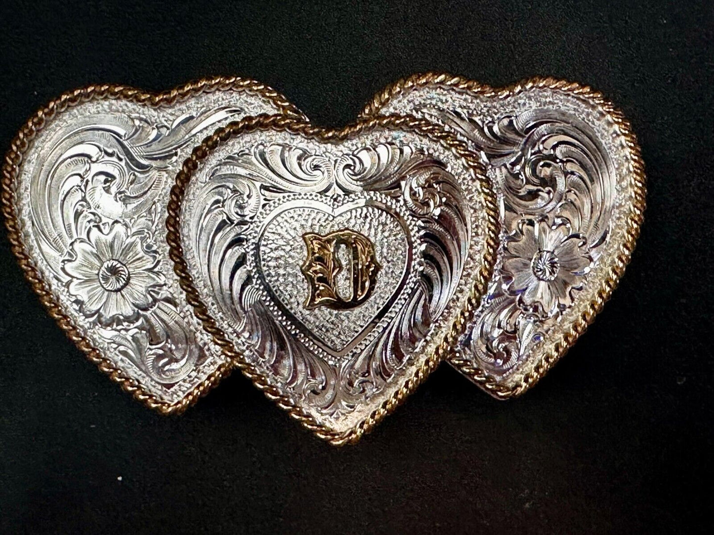 Three Triple Hearts With Initial Letter D Montana Silversmiths Belt Buckle