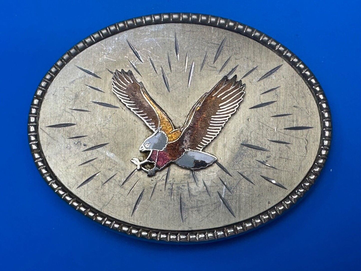 Vintage EAGLE flying High western etched Burst Pattern belt buckle Marked Taiwan