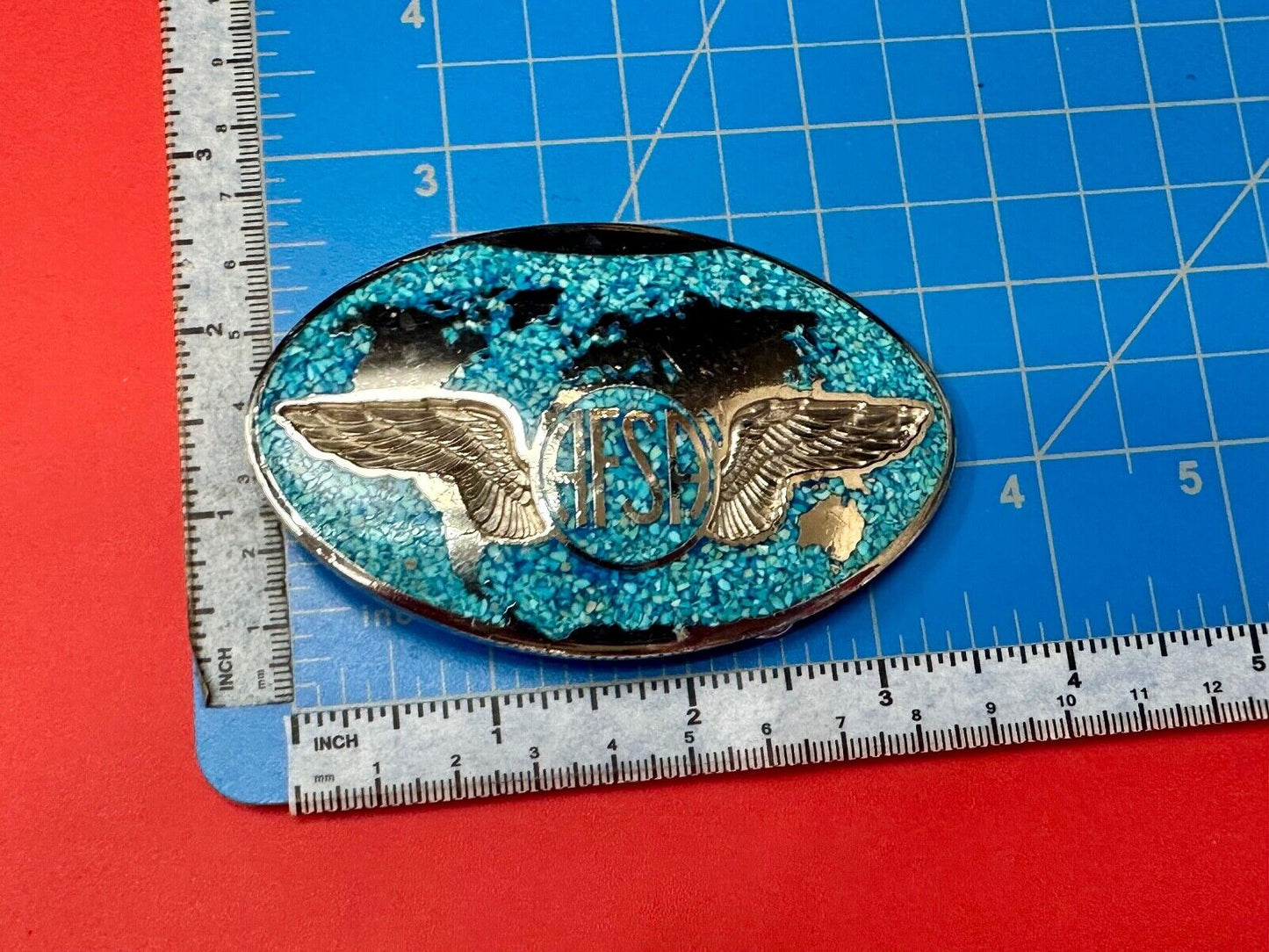 Air Force Sergeants Association AFSA Turquoise Chip inlaid oval belt buckle