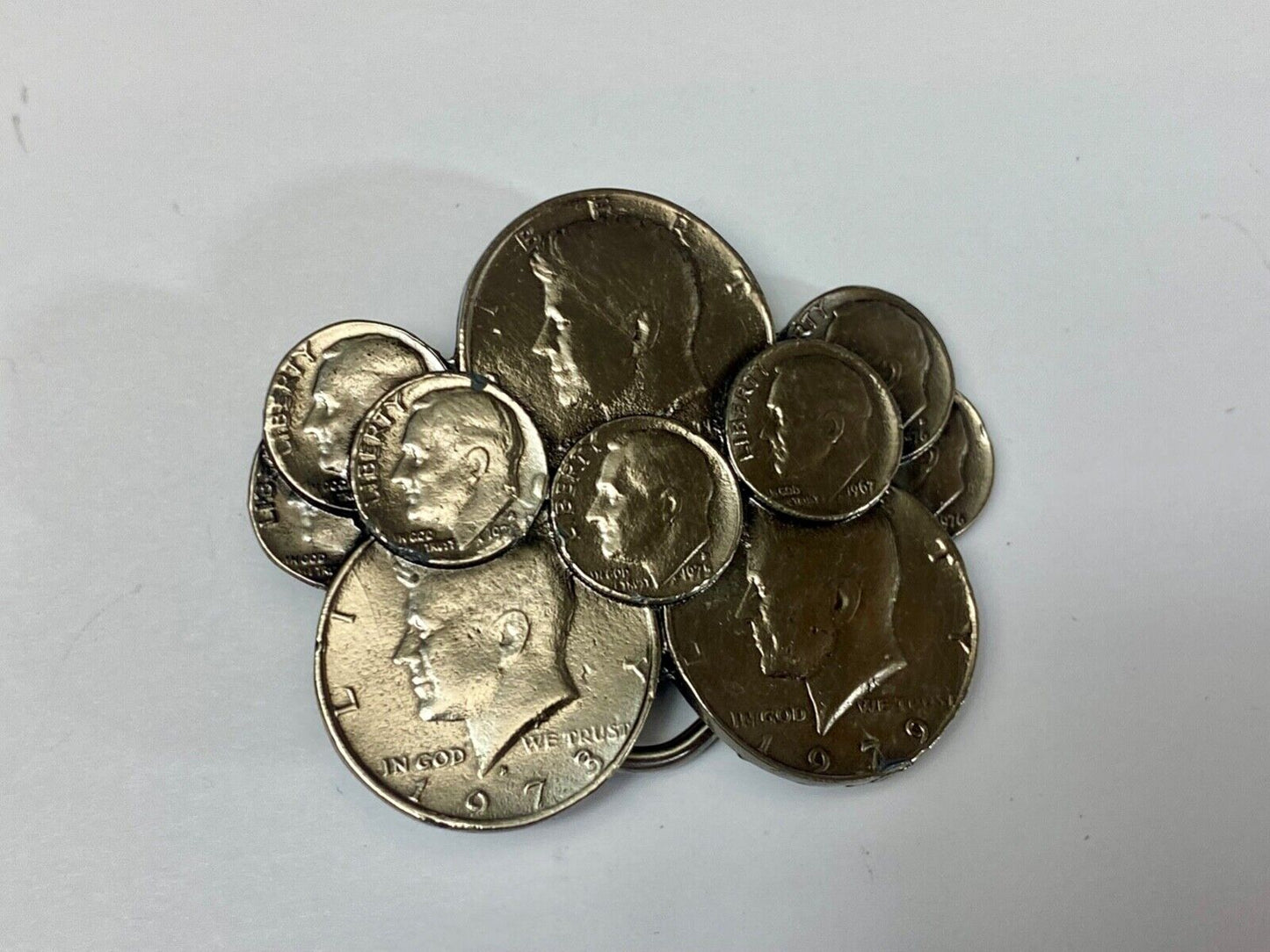 Vintage Coin Collectors Cluster figural 1979 Liberty JFK dimes belt buckle