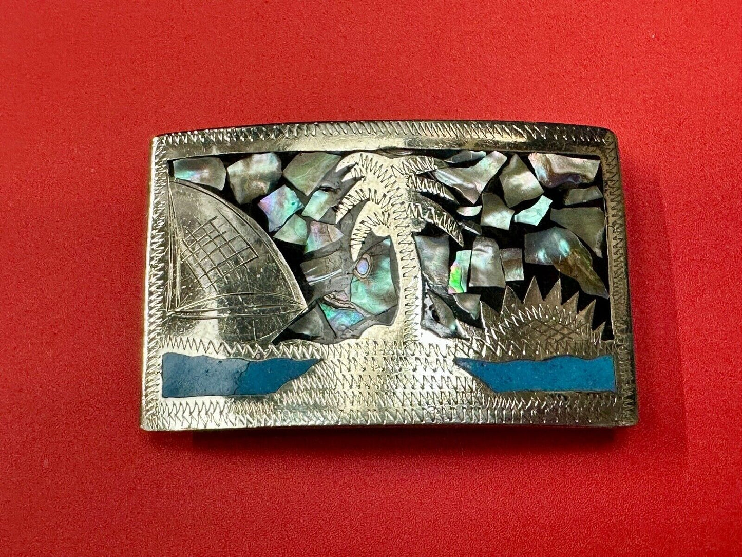 Beach Scene with Palm Tree - Inlaid Turquoise, Abalone Shell Vintage belt buckle