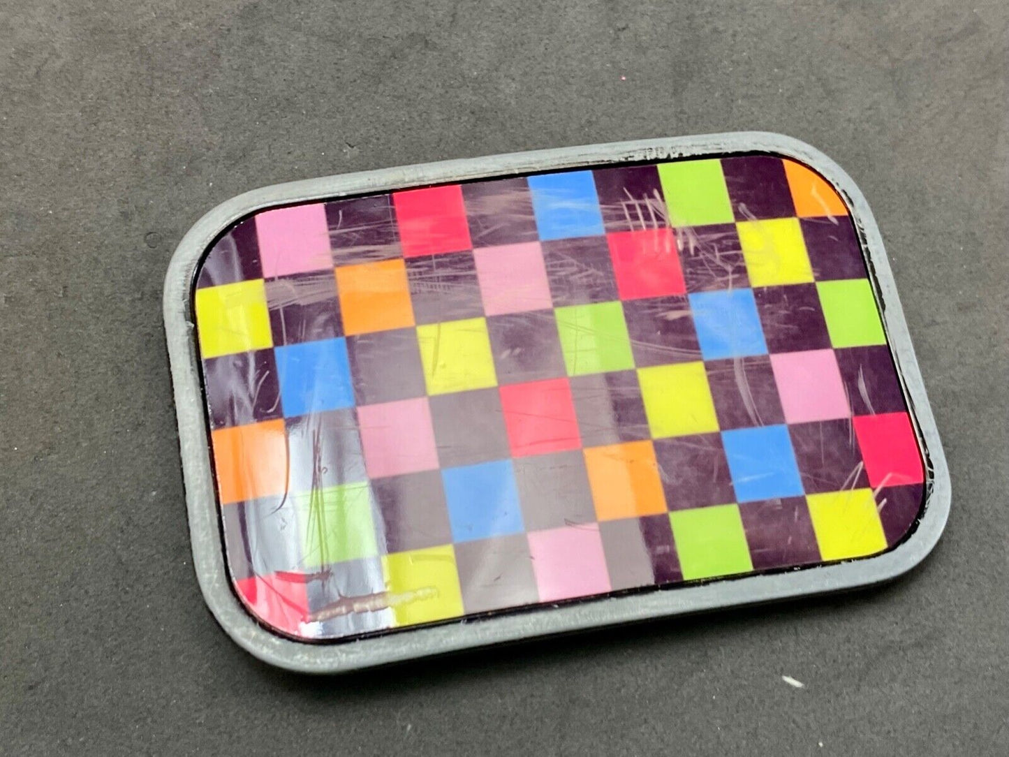 Vintage 80s Style Neon Checkerboard Pattern Black Yellow Pink Blue Belt Buckle