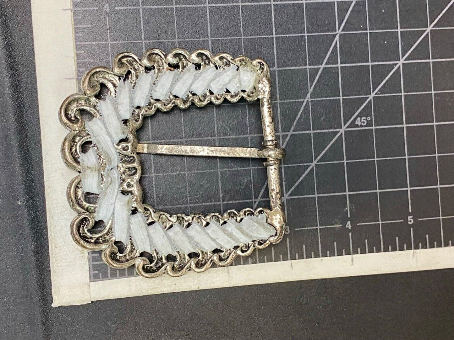 Beautiful White Ribbon Intertwined In Silver Tone Belt Buckle Missing Rhinestone