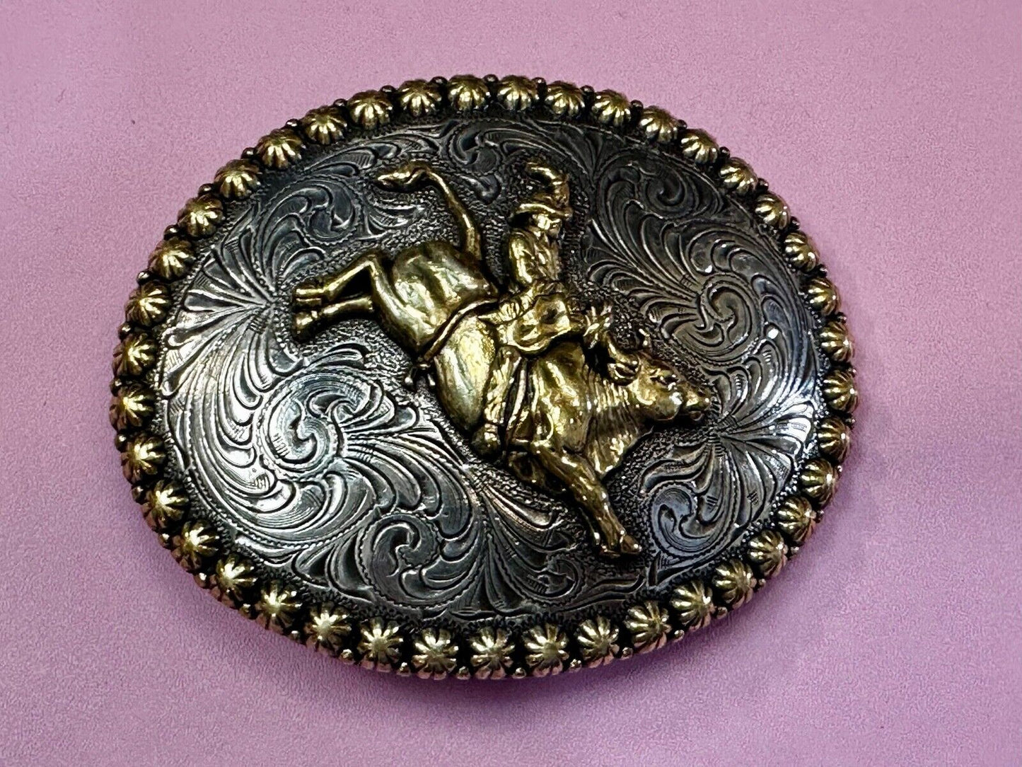 Vintage Cowboy Saddle Bronc western 4" oval belt buckle with star boarder