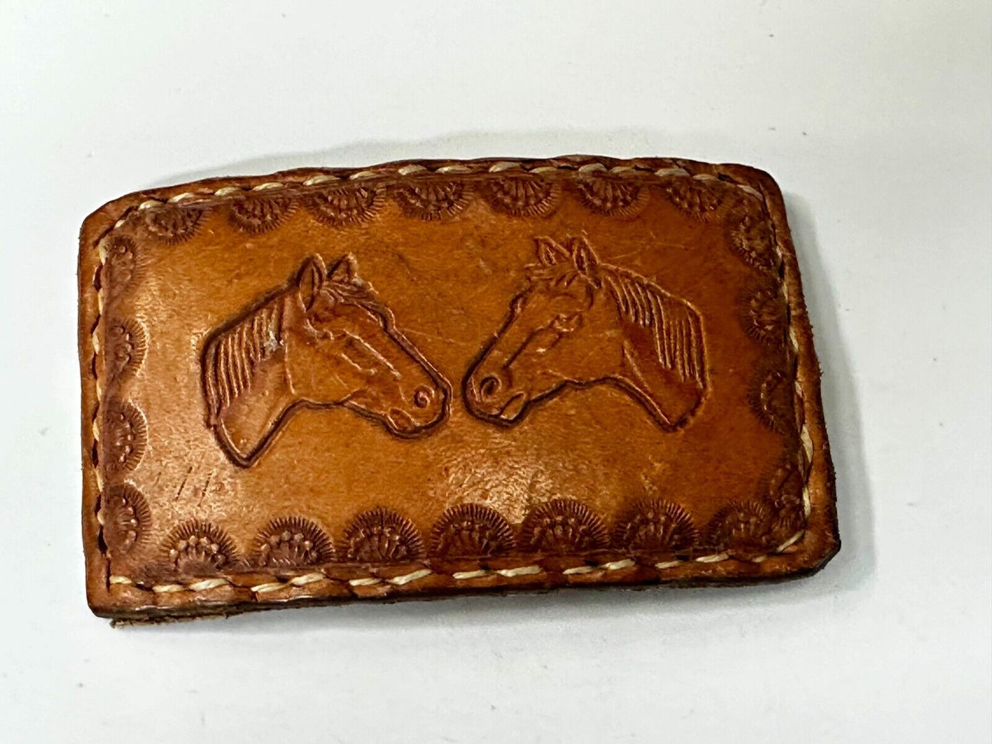 Two Horse Heads Vintage Stitched Brown Leather Rectangular Belt Buckle