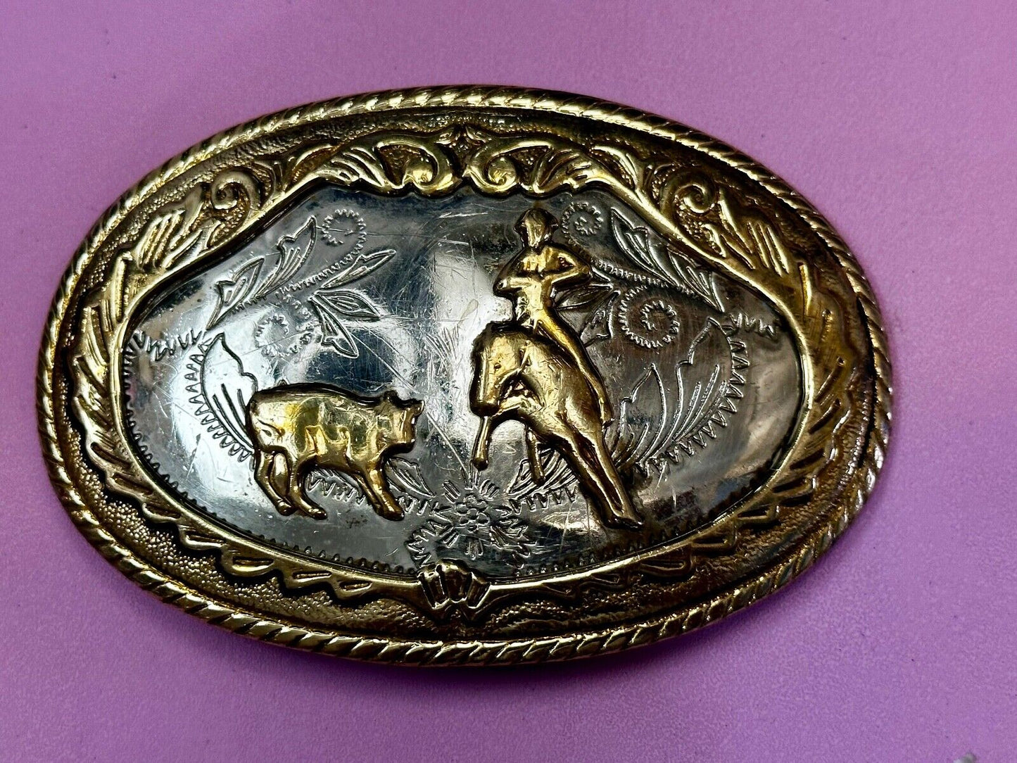Beautiful Cowboy Ropeing Scene Vintage German Silver Belt Buckle - Awesome Detai