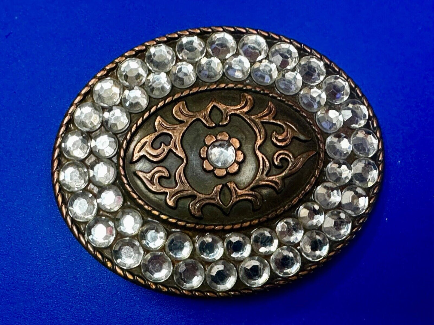 Vintage brown oval floral theme Belt Buckle with Rhinestone surround