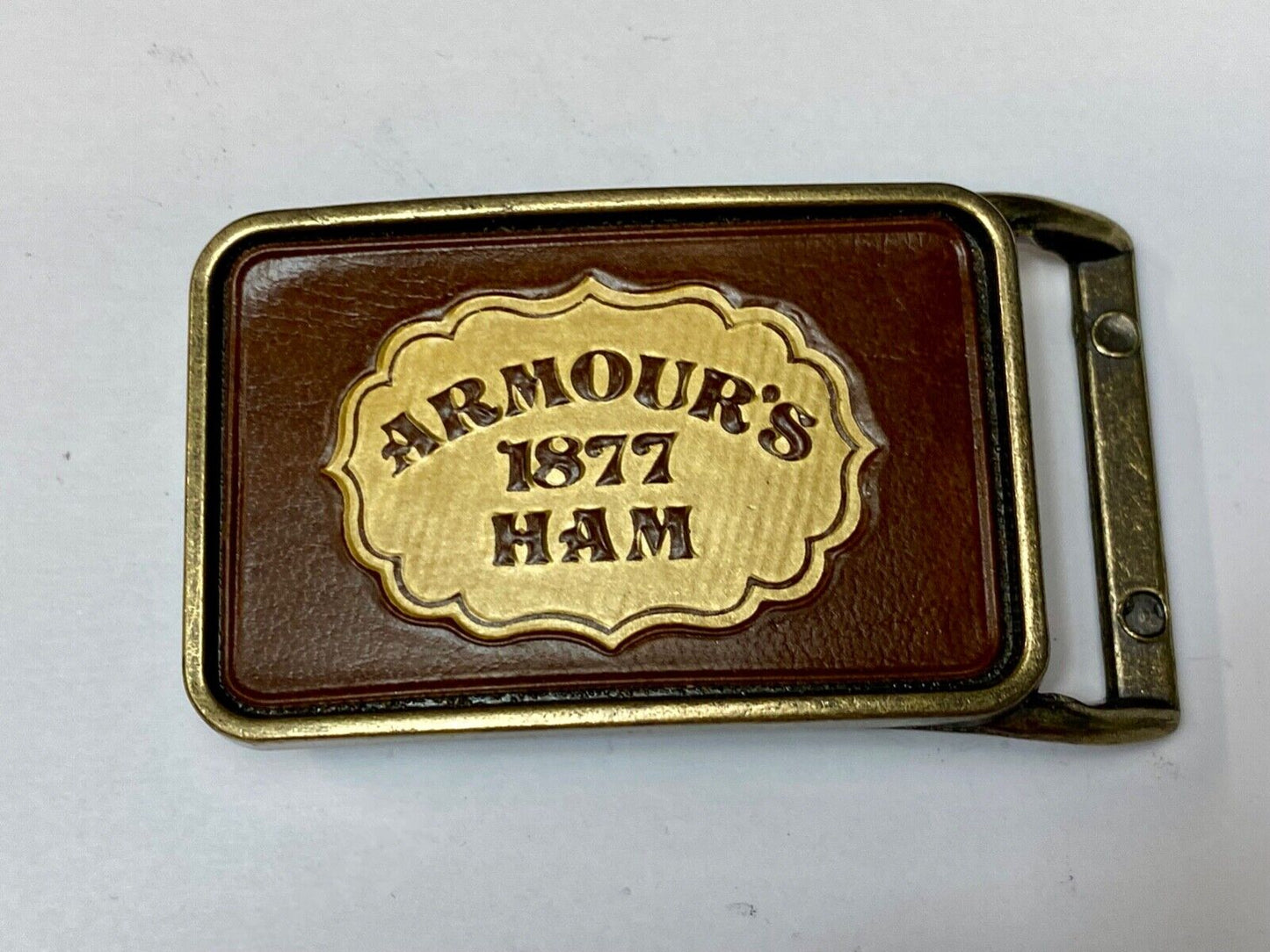Vintage ARMOUR’S 1877 HAM leather and brass tone advertising belt buckle