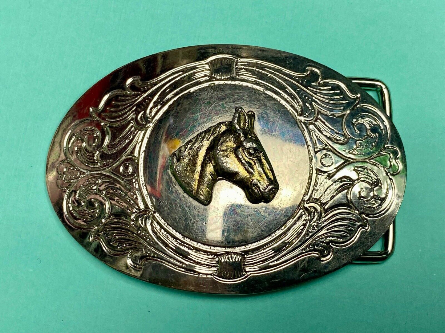 Beautiful Horse Bust Head Mixed Metal On Ornate Western Belt Buckle