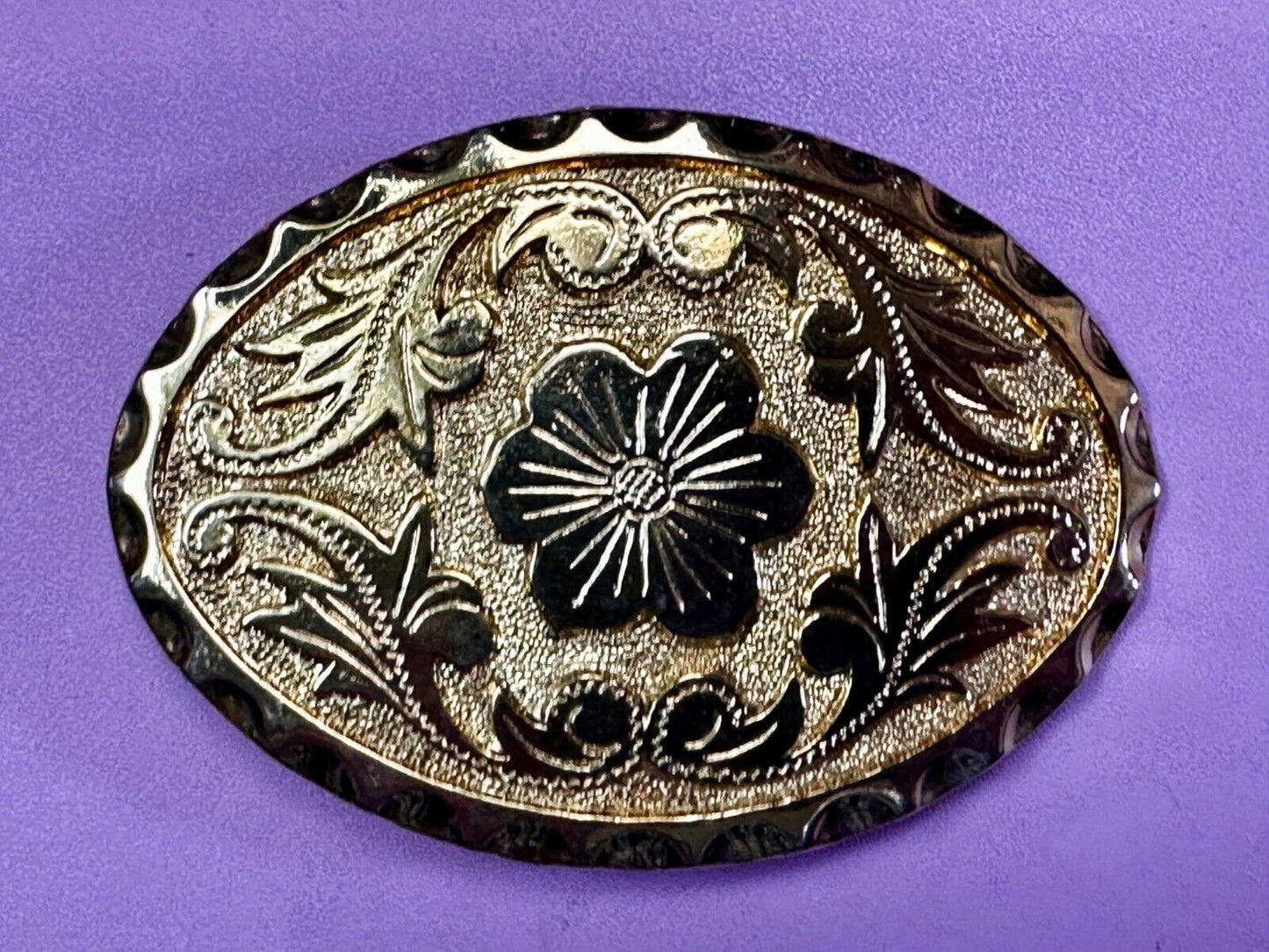Vintage Etched Flower Floral Theme Western Oval Gold Tone Belt Buckle