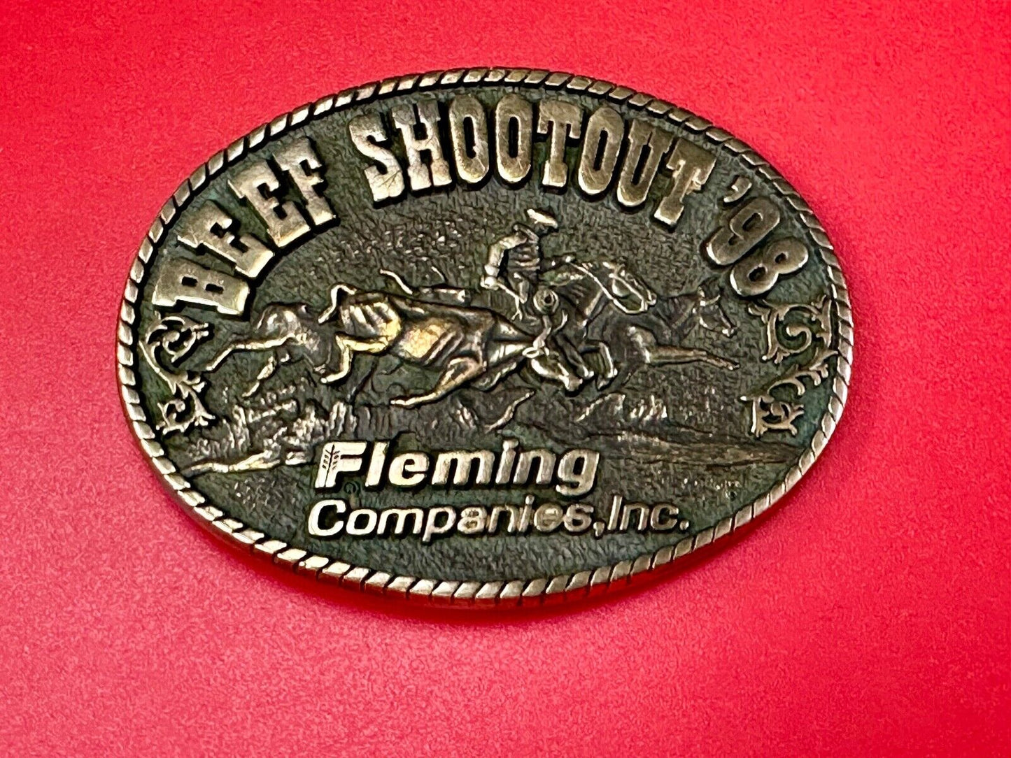 Beef Shootout 1998 Fleming Companies Inc Rodeo vintage ADM belt buckle