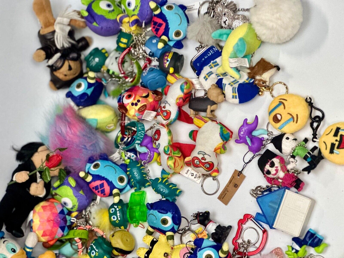 Around 75 plush doll Keychains Resale Bulk Lot, Junk Drawer Grab Bag