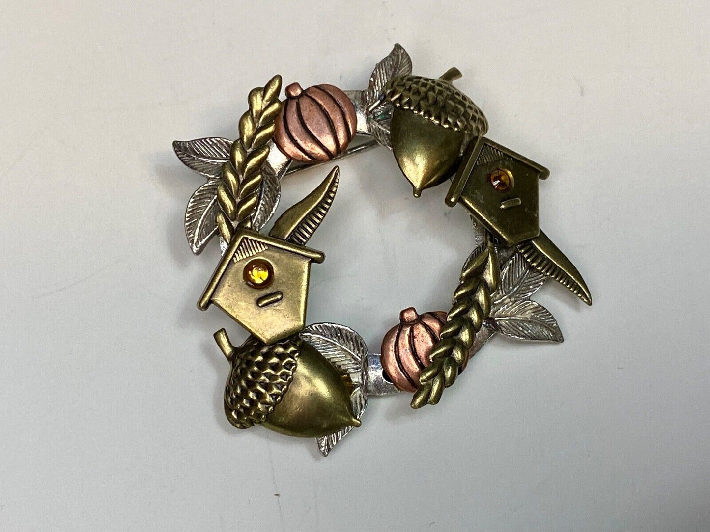 Acorns & Pumpkin Birdhouse Wreath Autumn Fall Theme Brooch Pin Jewelry