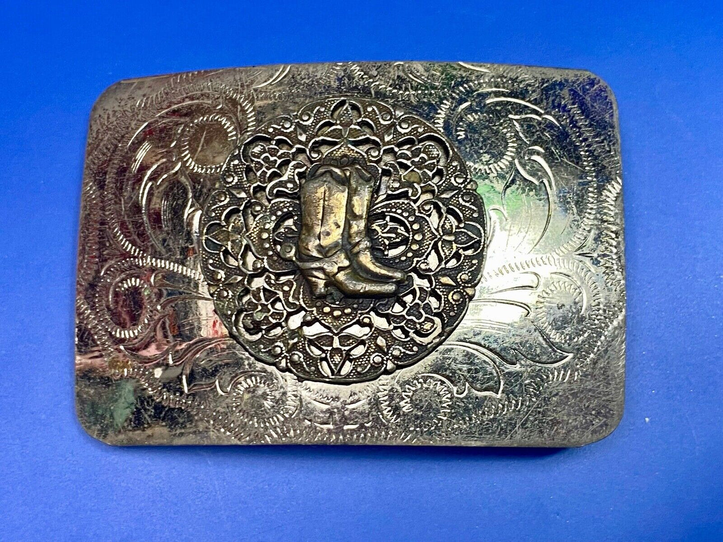 Beautiful Ornate Cowboy Boots W/ Spurs Western Vintage Flower Swirl Belt Buckle