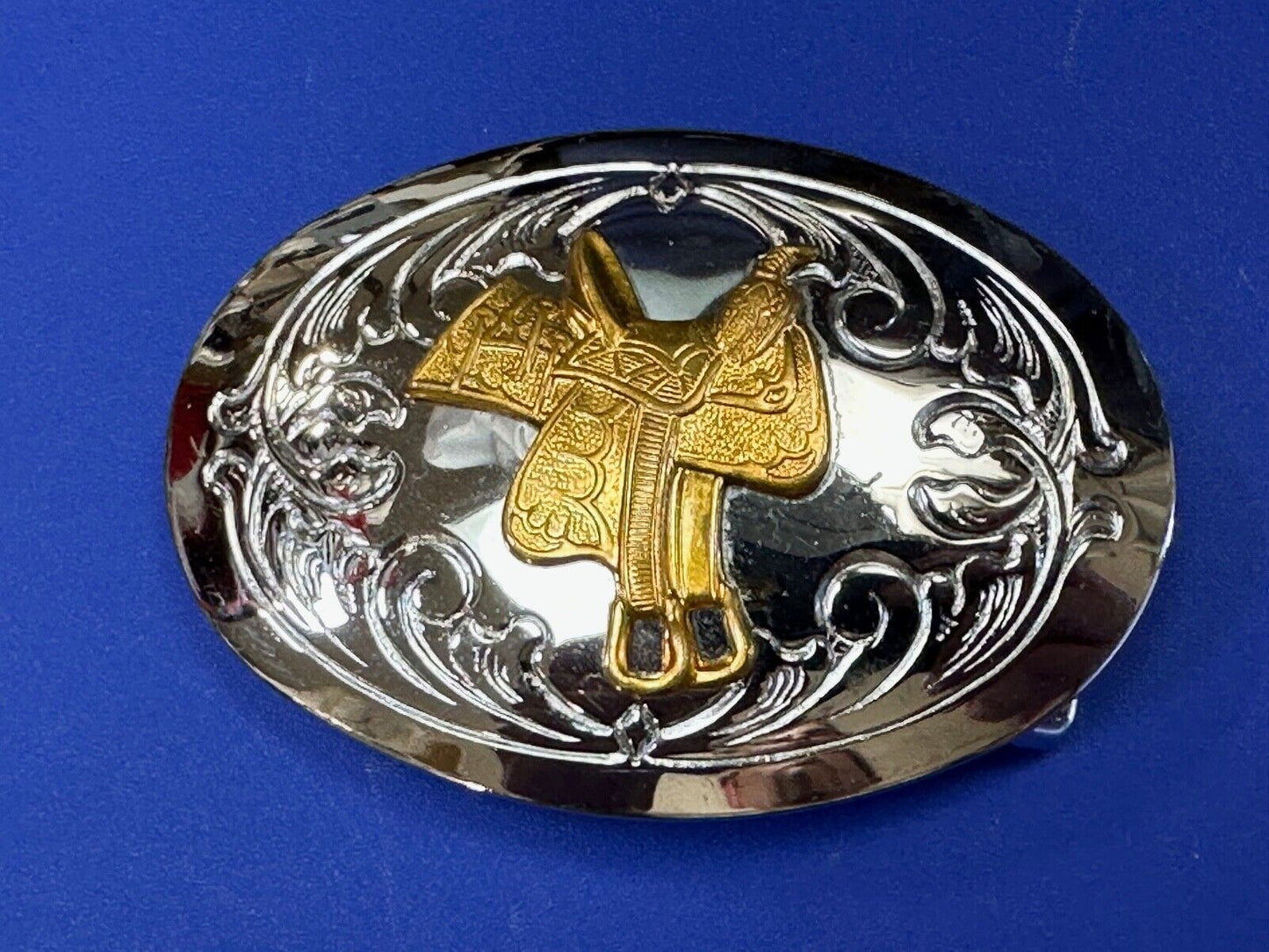 vintage Chambers Horse Saddle - Cowboys Cowgirls two tone belt buckle