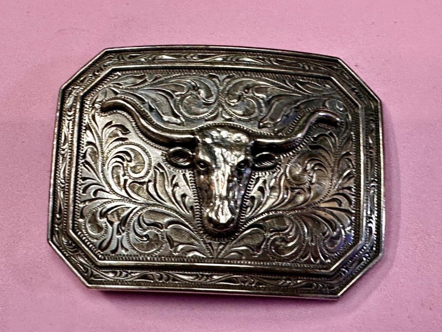 Texas Longhorn Cow Head Steer Ornate Silver Color Western Cowboy Belt Buckle