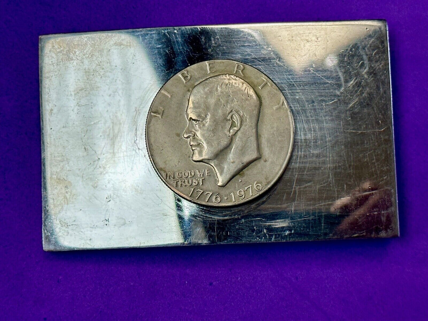 Vintage Bicentennial 1976 Liberty coin collectors artisan reflective belt buckle