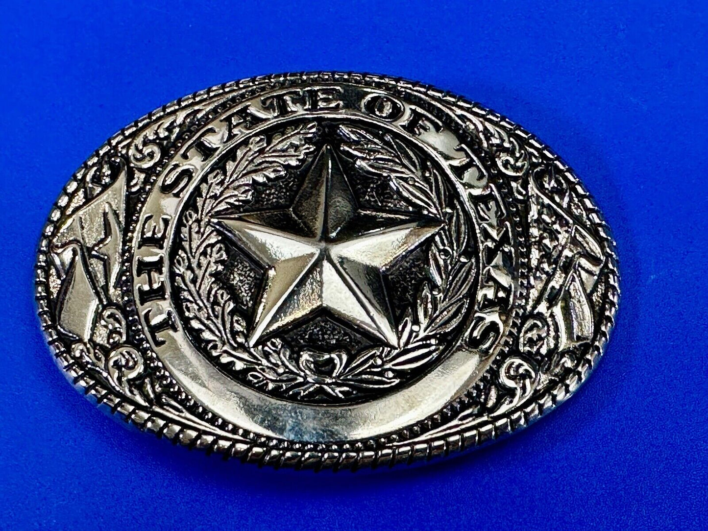 The Great State of Texas - Lone Star Flags seal silver tone NOS belt buckle